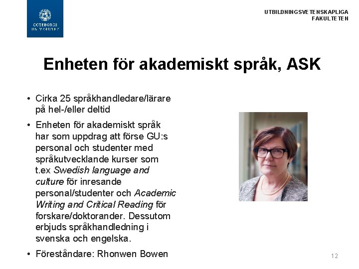  UTBILDNINGSVETENSKAPLIGA FAKULTETEN Enheten för akademiskt språk, ASK • Cirka 25 språkhandledare/lärare på hel-/eller