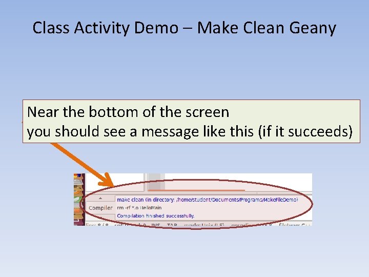 Class Activity Demo – Make Clean Geany Near the bottom of the screen you