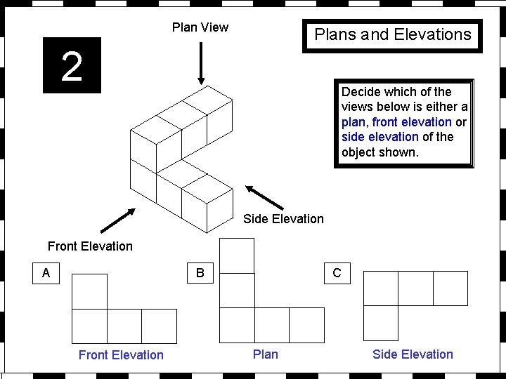 Plan View Plans and Elevations 2 Decide which of the views below is either