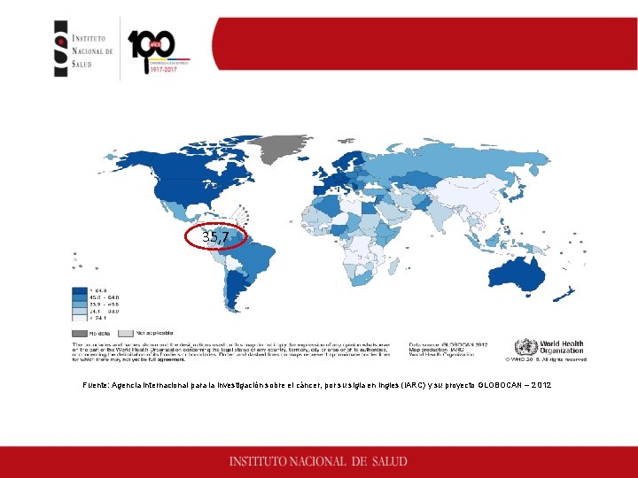 Mapa mundial de incidencia de cáncer de mama, 2012 35, 7 Fuente: Agencia internacional