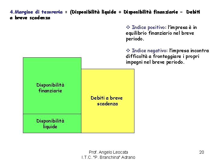4. Margine di tesoreria = (Disponibilità liquide + Disponibilità finanziarie – Debiti a breve