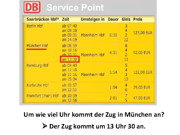 Um wie viel Uhr kommt der Zug in München an? Der Zug kommt um