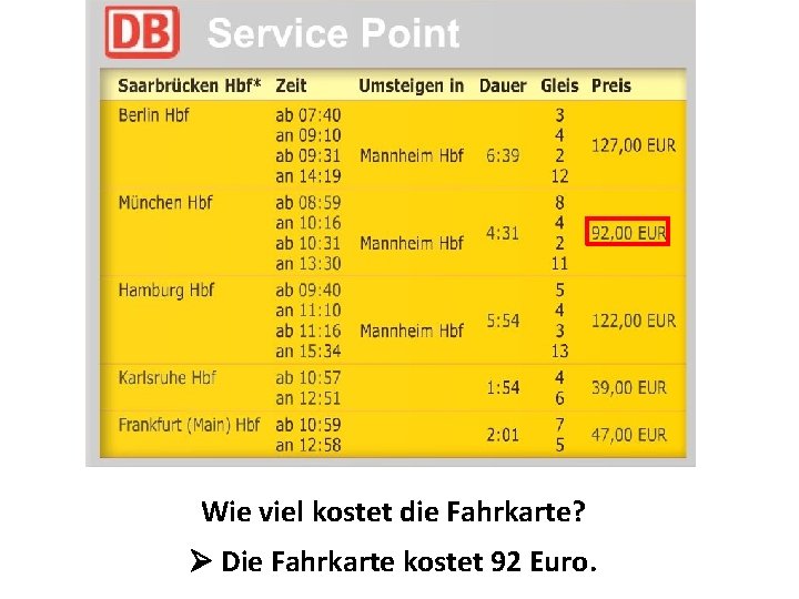 Wie viel kostet die Fahrkarte? Die Fahrkarte kostet 92 Euro. 