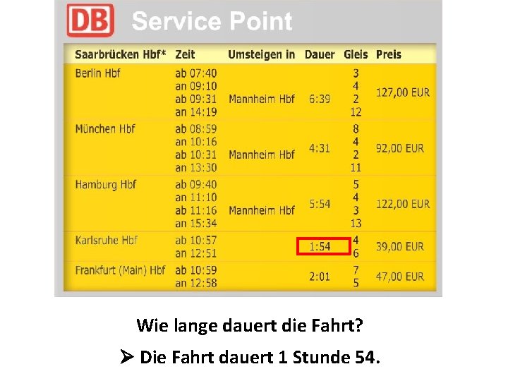 Wie lange dauert die Fahrt? Die Fahrt dauert 1 Stunde 54. 