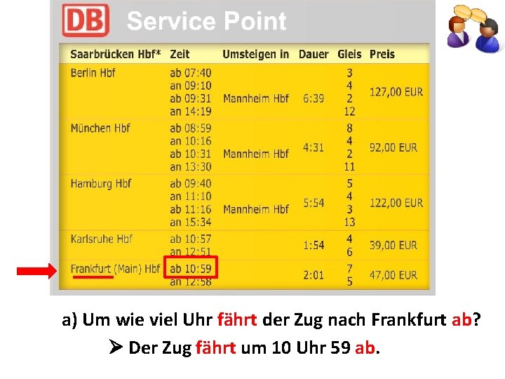 a) Um wie viel Uhr fährt der Zug nach Frankfurt ab? Der Zug fährt