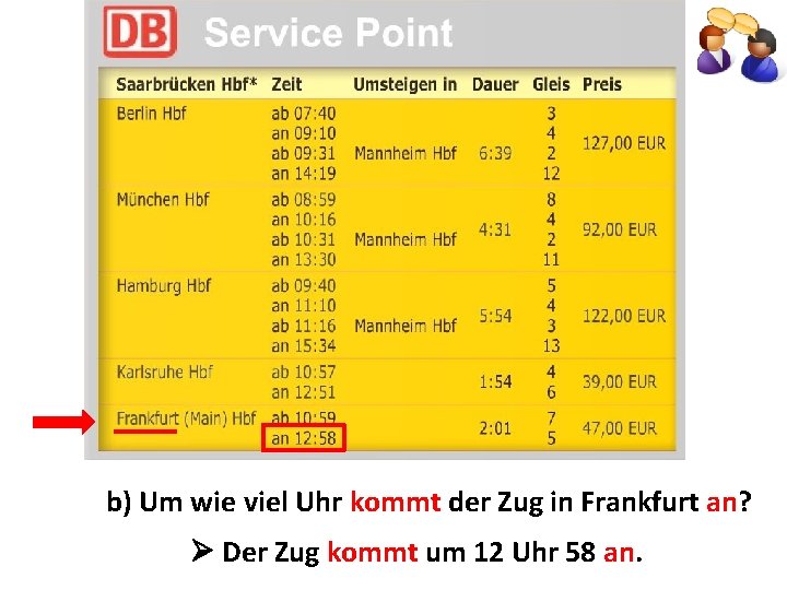 b) Um wie viel Uhr kommt der Zug in Frankfurt an? Der Zug kommt