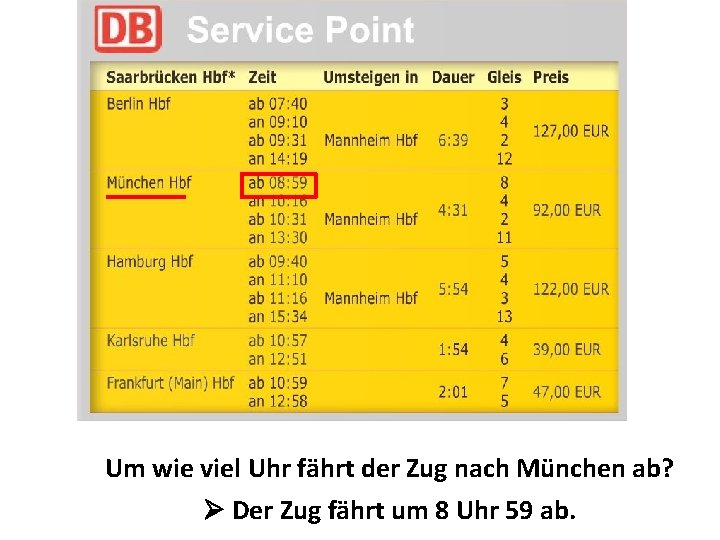 Um wie viel Uhr fährt der Zug nach München ab? Der Zug fährt um