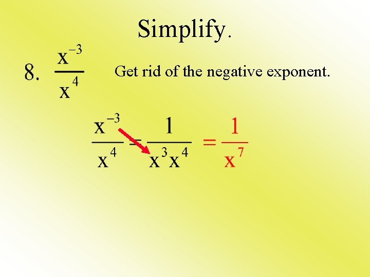 Simplify. Get rid of the negative exponent. 