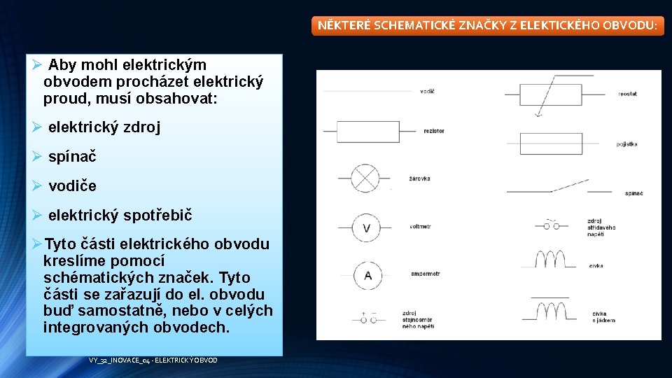 NĚKTERÉ SCHEMATICKÉ ZNAČKY Z ELEKTICKÉHO OBVODU: Ø Aby mohl elektrickým obvodem procházet elektrický proud,