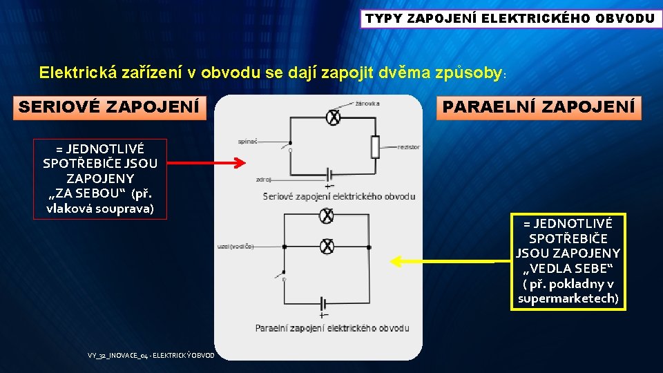 TYPY ZAPOJENÍ ELEKTRICKÉHO OBVODU Elektrická zařízení v obvodu se dají zapojit dvěma způsoby: SERIOVÉ