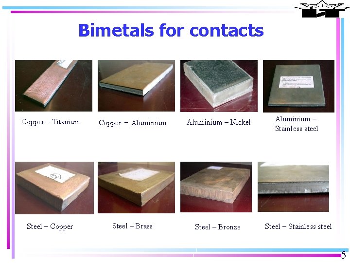 Bimetals for contacts Copper – Titanium Steel – Copper - Aluminium Steel – Brass