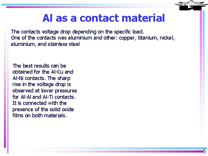 Al as a contact material The contacts voltage drop depending on the specific load.