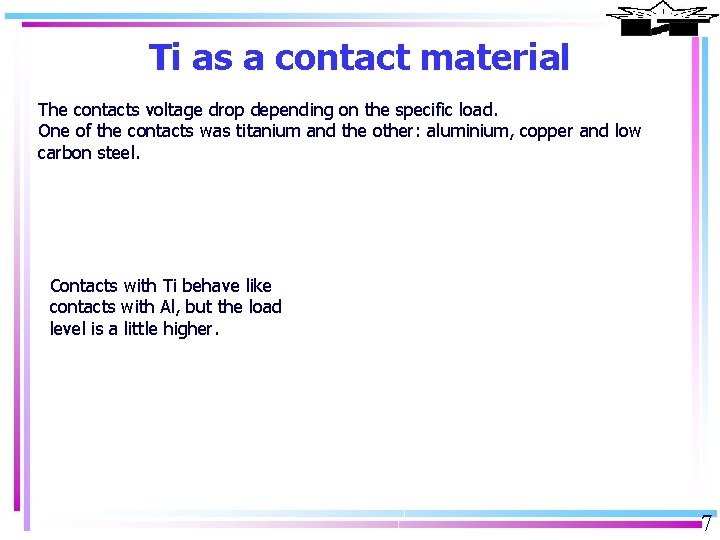Ti as a contact material The contacts voltage drop depending on the specific load.