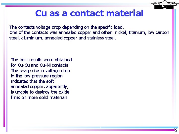 Cu as a contact material The contacts voltage drop depending on the specific load.