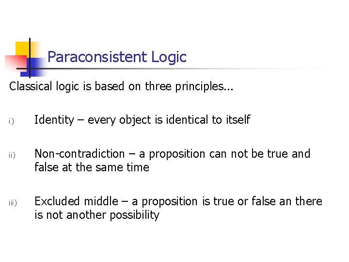 Paraconsistent Logic Classical logic is based on three principles. . . i) iii) Identity Paraconsistent Logic Classical logic is based on three principles. . . i) iii) Identity