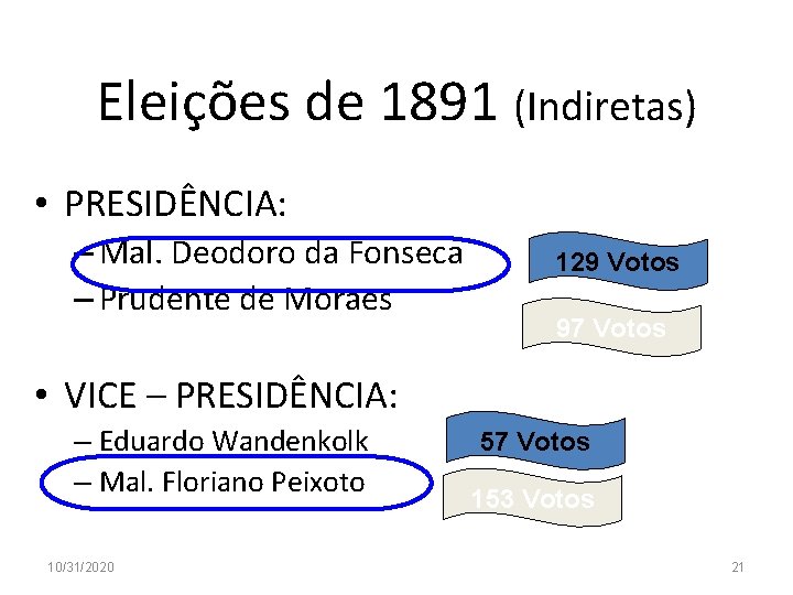 Eleições de 1891 (Indiretas) • PRESIDÊNCIA: – Mal. Deodoro da Fonseca – Prudente de