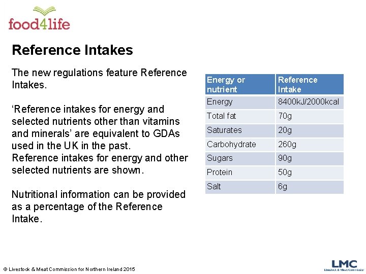 Reference Intakes The new regulations feature Reference Intakes. ‘Reference intakes for energy and selected