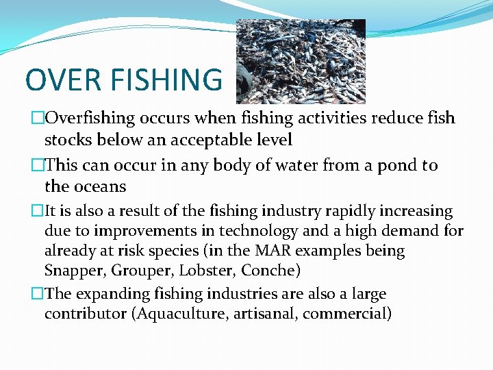 OVER FISHING �Overfishing occurs when fishing activities reduce fish stocks below an acceptable level