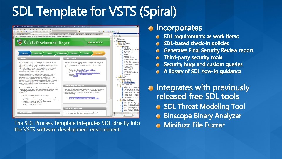 The SDL Process Template integrates SDL directly into the VSTS software development environment. 