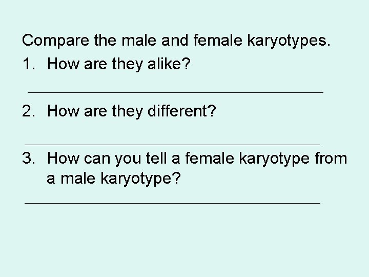 Compare the male and female karyotypes. 1. How are they alike? 2. How are