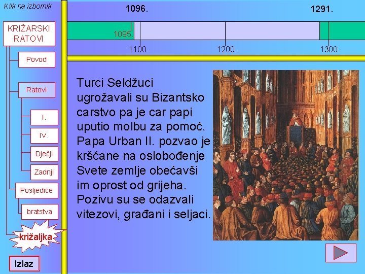 Klik na izbornik KRIŽARSKI RATOVI 1096. 1095. 1100. Povod Ratovi I. IV. Dječji Zadnji