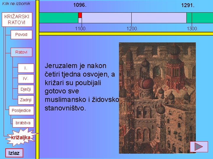 Klik na izbornik 1096. 1291. KRIŽARSKI RATOVI 1100. Povod Ratovi I. IV. Dječji Zadnji
