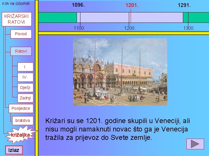 Klik na izbornik 1096. 1201. 1291. KRIŽARSKI RATOVI 1100. 1200. 1300. Povod Ratovi I.