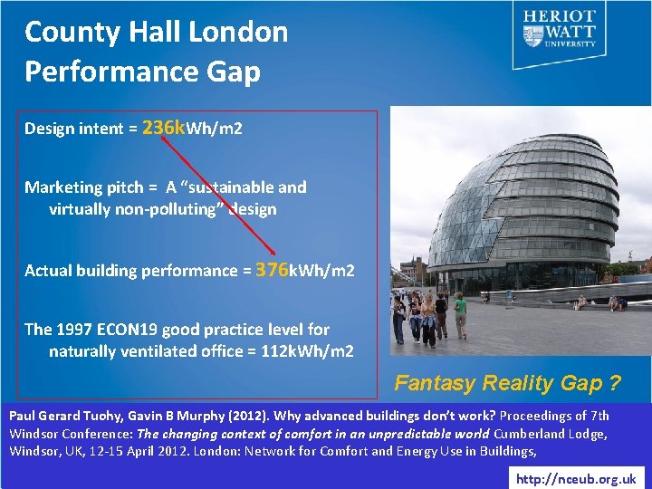 County Hall London Performance Gap Design intent = 236 k. Wh/m 2 Marketing pitch