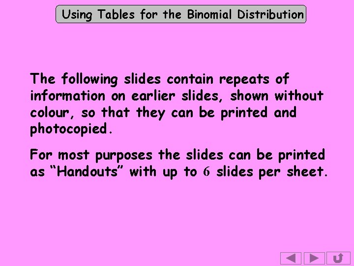 Using Tables for the Binomial Distribution The following slides contain repeats of information on