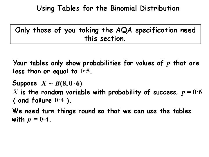 Using Tables for the Binomial Distribution Only those of you taking the AQA specification