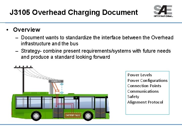 J 3105 Overhead Charging Document • Overview – Document wants to standardize the interface