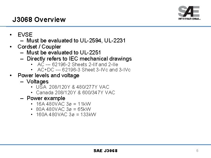 J 3068 Overview • • • EVSE – Must be evaluated to UL-2594, UL-2231