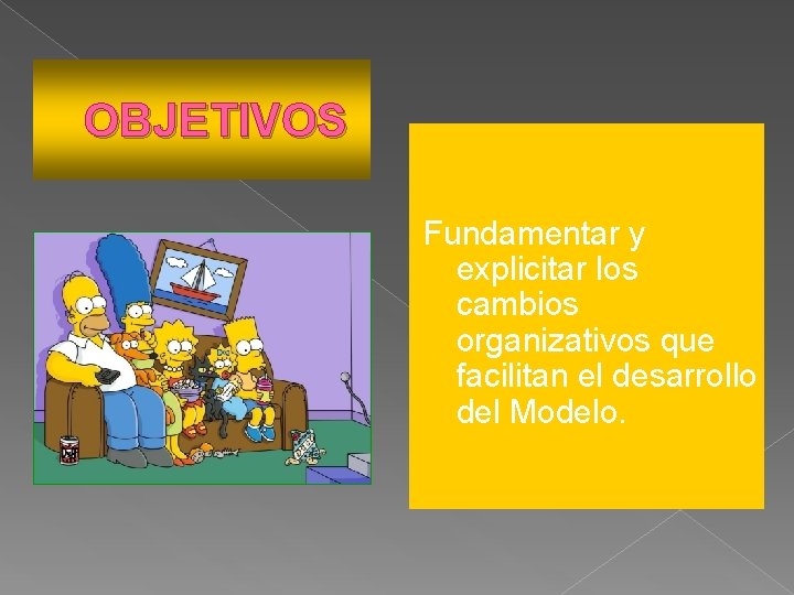 OBJETIVOS Fundamentar y explicitar los cambios organizativos que facilitan el desarrollo del Modelo. 
