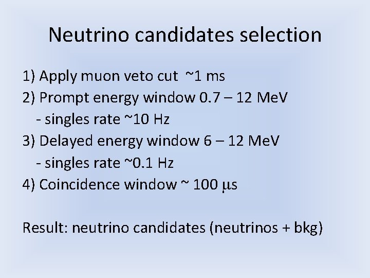 Neutrino candidates selection 1) Apply muon veto cut ~1 ms 2) Prompt energy window