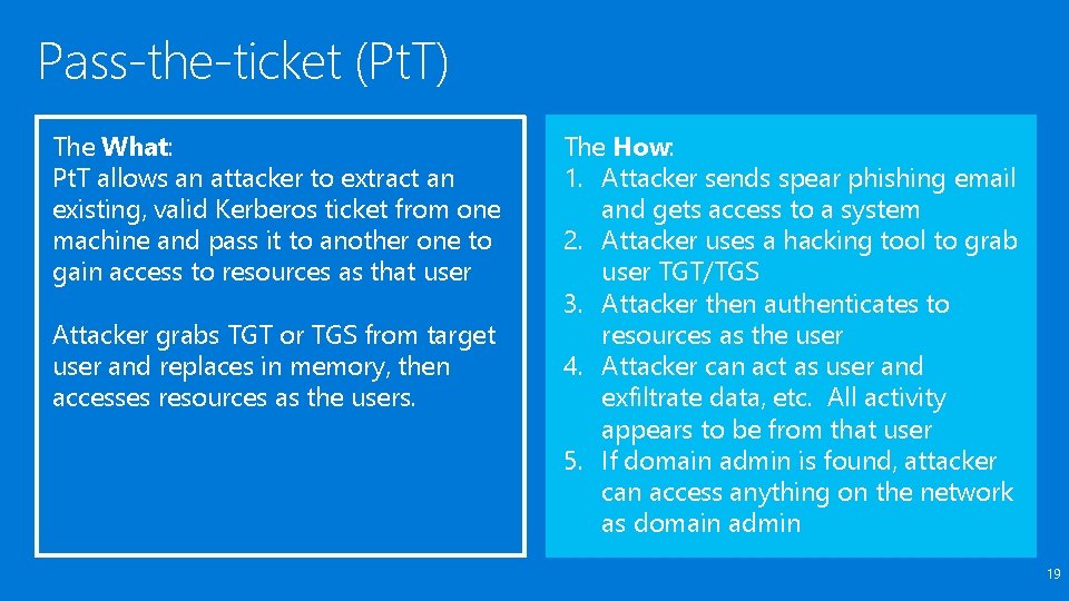 Pass-the-ticket (Pt. T) The What: Pt. T allows an attacker to extract an existing,