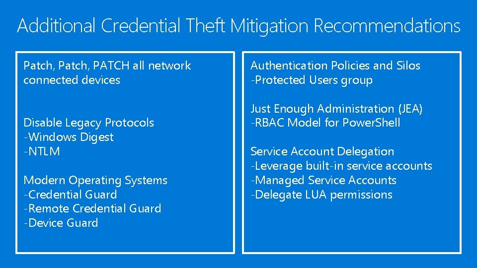 Additional Credential Theft Mitigation Recommendations Patch, PATCH all network connected devices Disable Legacy Protocols