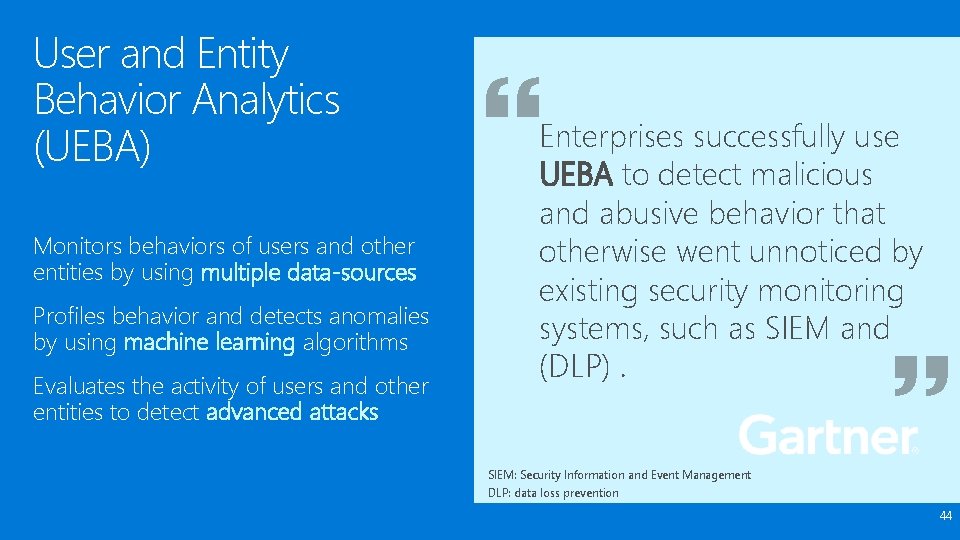User and Entity Behavior Analytics (UEBA) Monitors behaviors of users and other entities by