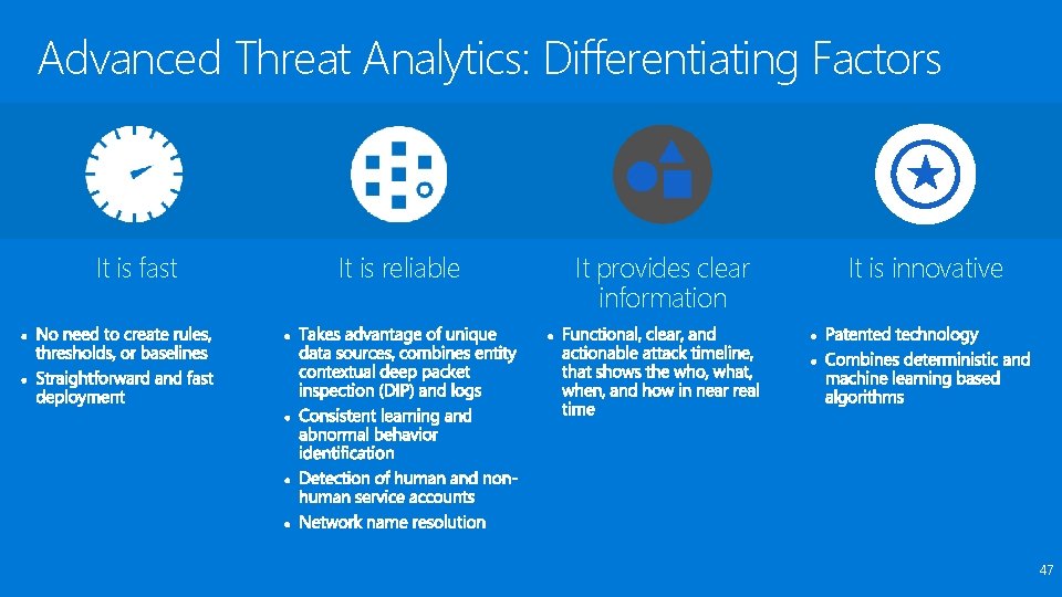 Advanced Threat Analytics: Differentiating Factors It is fast It is reliable It provides clear
