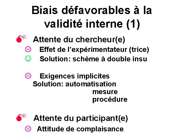 Biais défavorables à la validité interne (1) M Attente du chercheur(e) L Effet de