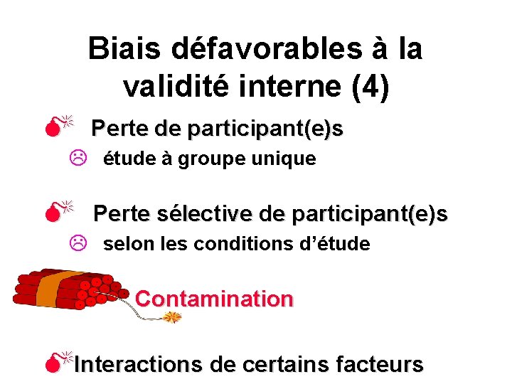 Biais défavorables à la validité interne (4) M Perte de participant(e)s L étude à