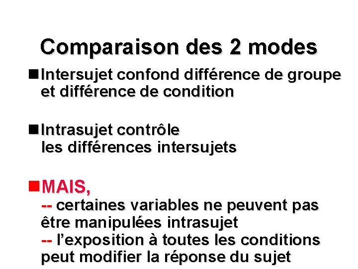 Comparaison des 2 modes n Intersujet confond différence de groupe et différence de condition