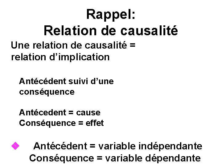 Rappel: Relation de causalité Une relation de causalité = relation d’implication Antécédent suivi d’une
