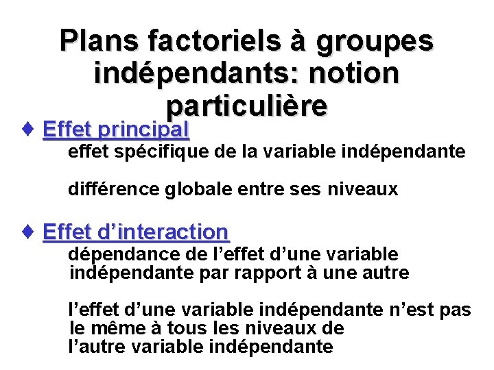 Plans factoriels à groupes indépendants: notion particulière ¨ Effet principal effet spécifique de la