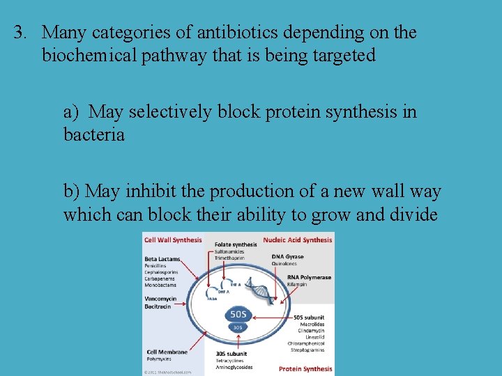 3. Many categories of antibiotics depending on the biochemical pathway that is being targeted