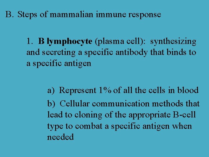 B. Steps of mammalian immune response 1. B lymphocyte (plasma cell): synthesizing and secreting