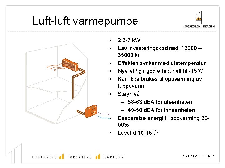 Luft-luft varmepumpe • • 2, 5 -7 k. W Lav investeringskostnad: 15000 – 35000