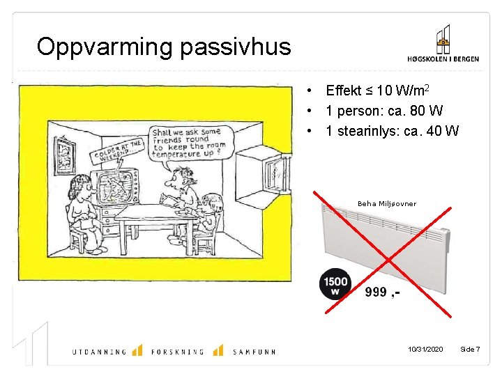 Oppvarming passivhus • Effekt ≤ 10 W/m 2 • 1 person: ca. 80 W