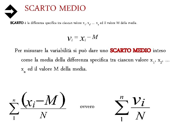 SCARTO MEDIO SCARTO è la differenza specifica tra ciascun valore x 1, x 2,