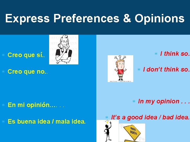 Express Preferences & Opinions Creo que sí. . Creo que no. . En mi