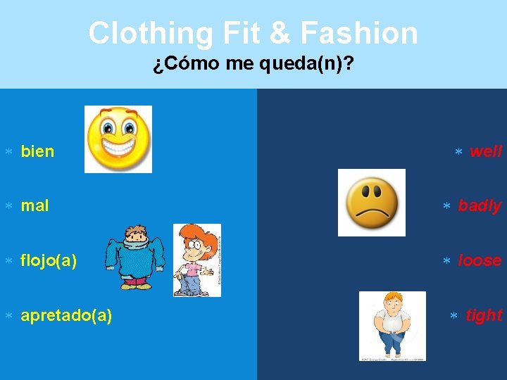 Clothing Fit & Fashion ¿Cómo me queda(n)? bien well mal badly flojo(a) loose apretado(a)